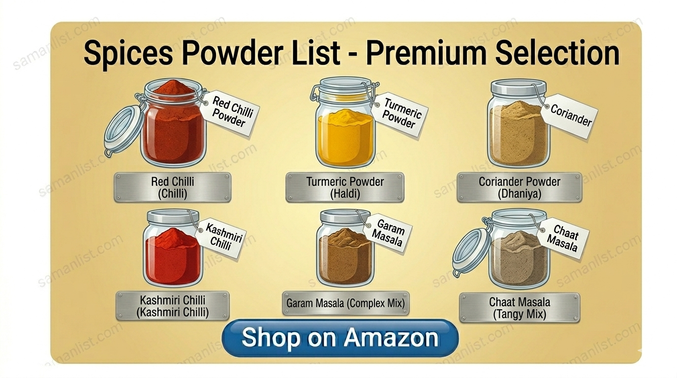 पिसे मसाले (Pise Masale) Saman List पिसे मसाले (Pise Masale) saman list items